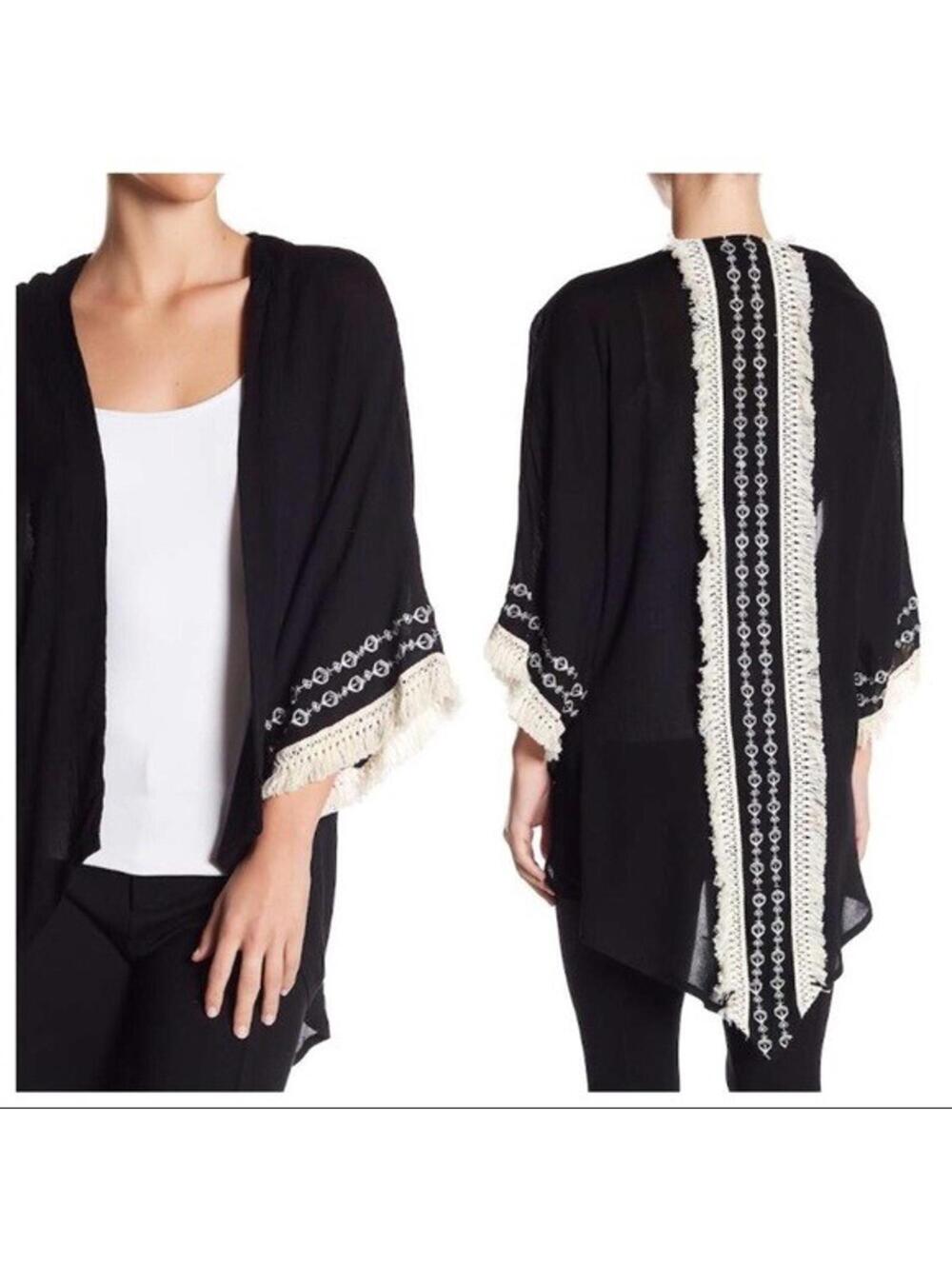 NWT Steve Madden Black White Lolita Draped Shawl Fringe High-Low Wrap OS